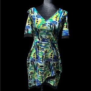 Marilyn Monroe Blue & Green Abstract Mini Dress – Fun & Flirty Cut out Sleeves